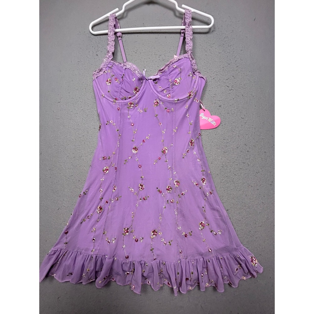 Sugar Thrillz Floral Embroidered Mesh Mini Dress Lavender XL Womens